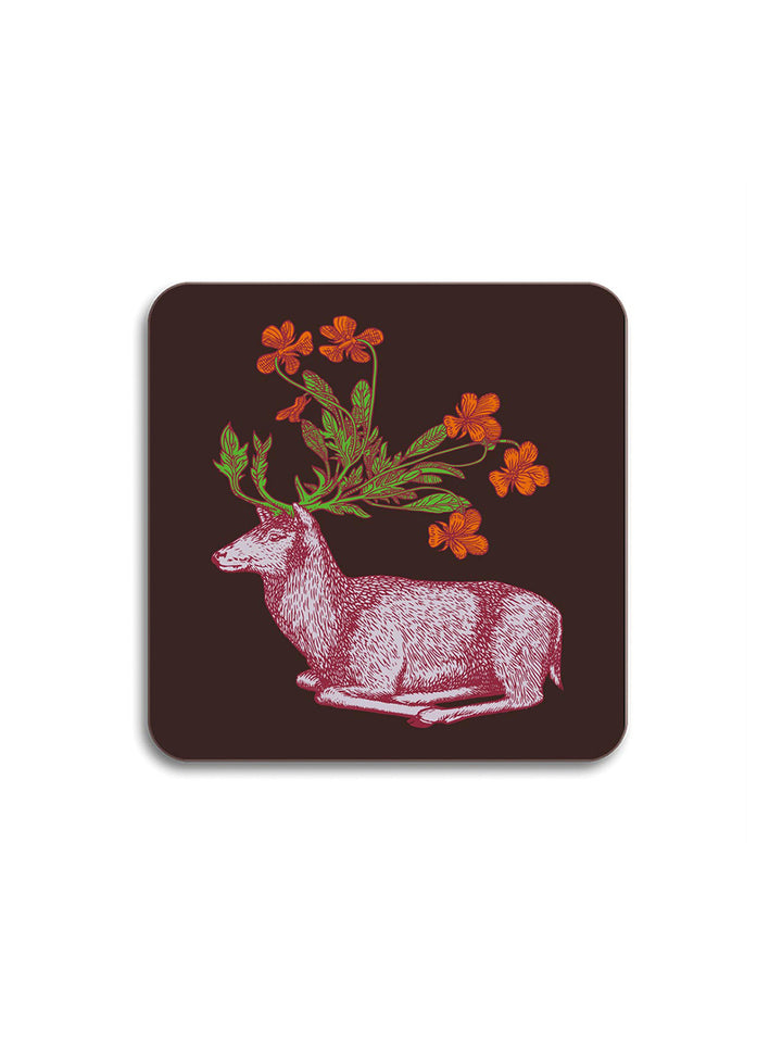 Avenida Puddinhead woodland deer floral illustrated coaster on deep chestnut brown background decorative animal table coaster