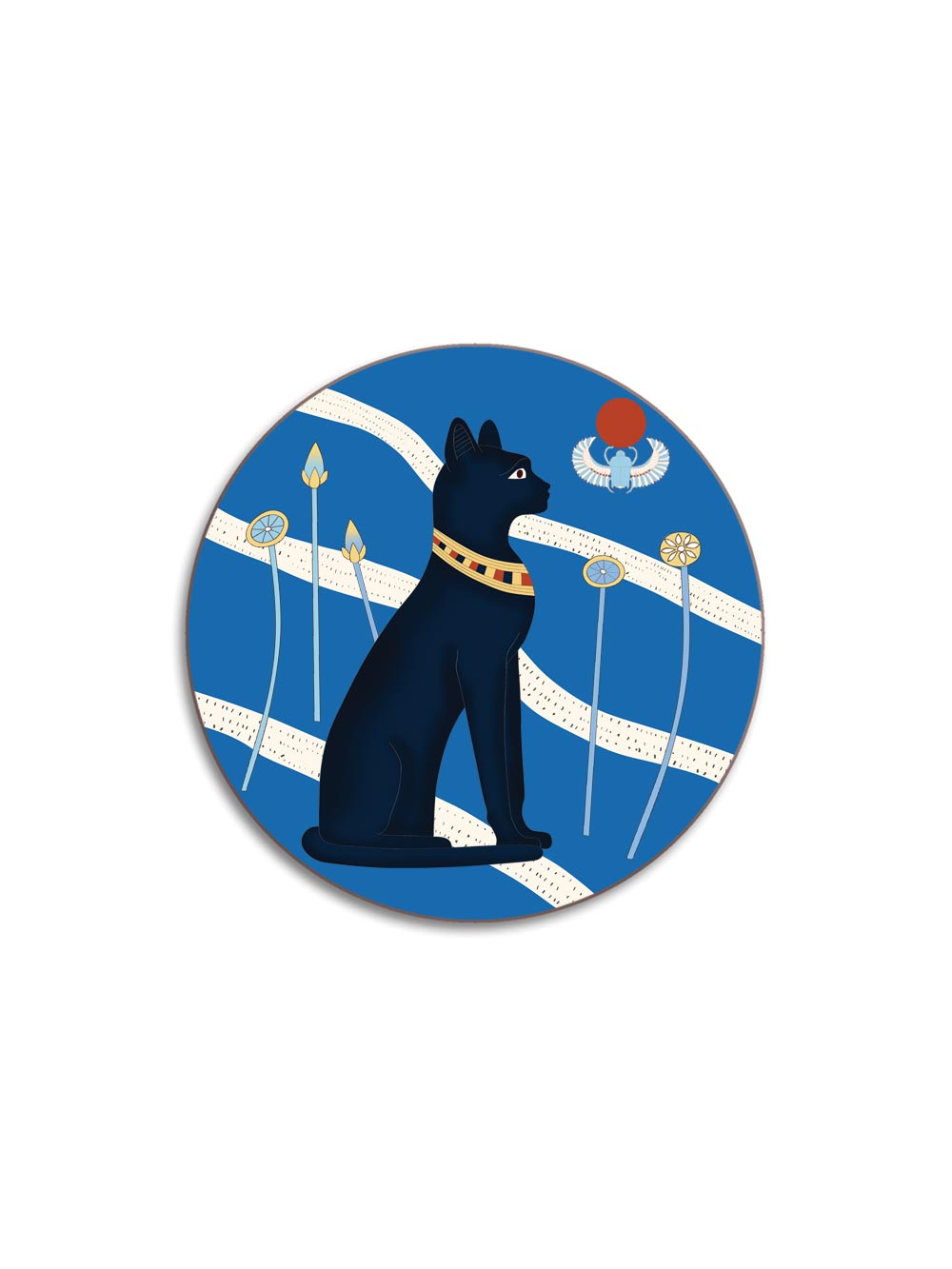 Egyptian Sun Cat Blue Round Coaster