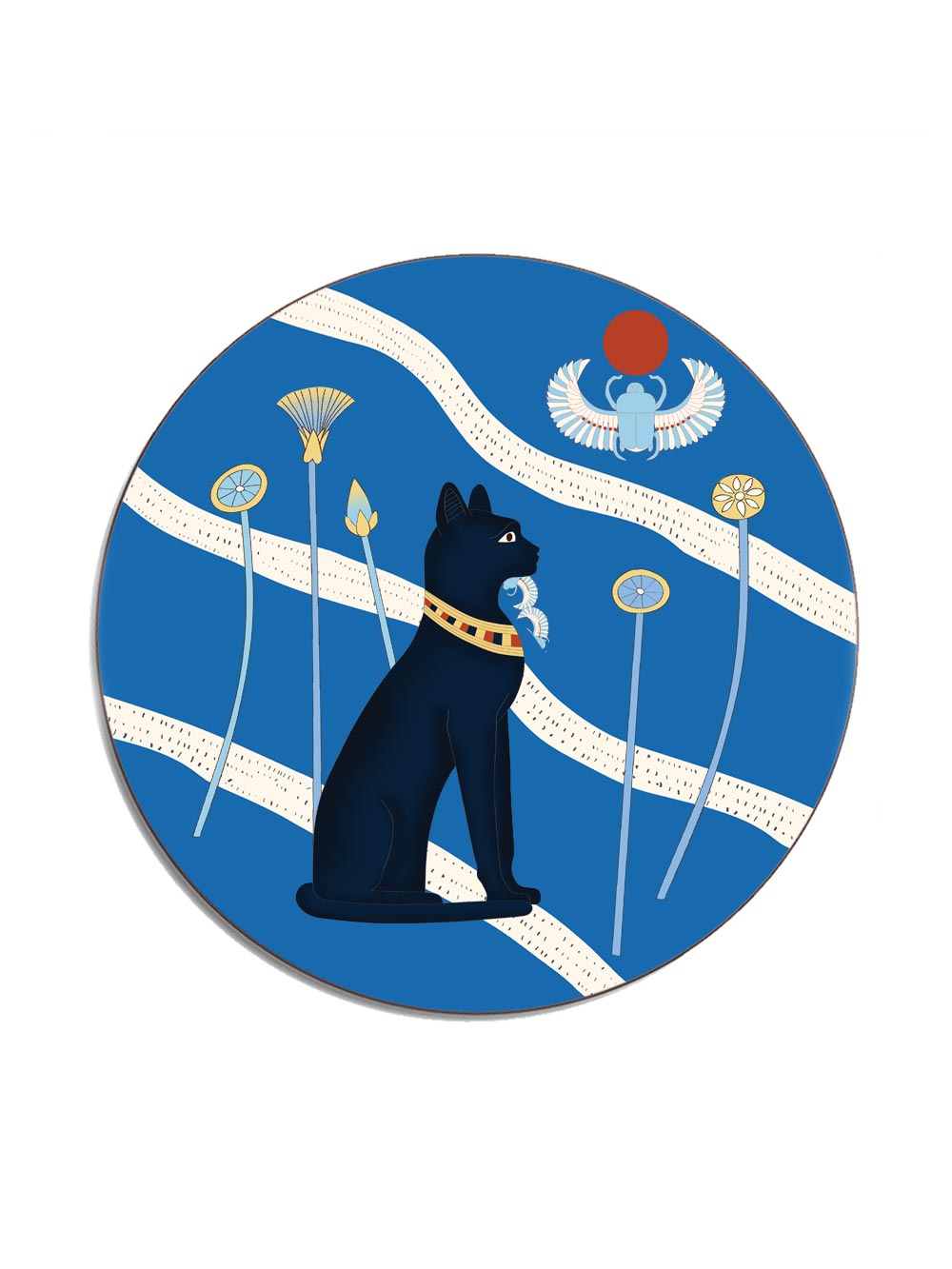 Egyptian Sun Cat Blue Round Table Mat Design by Studio Avenida, Avenida Home’s own brand