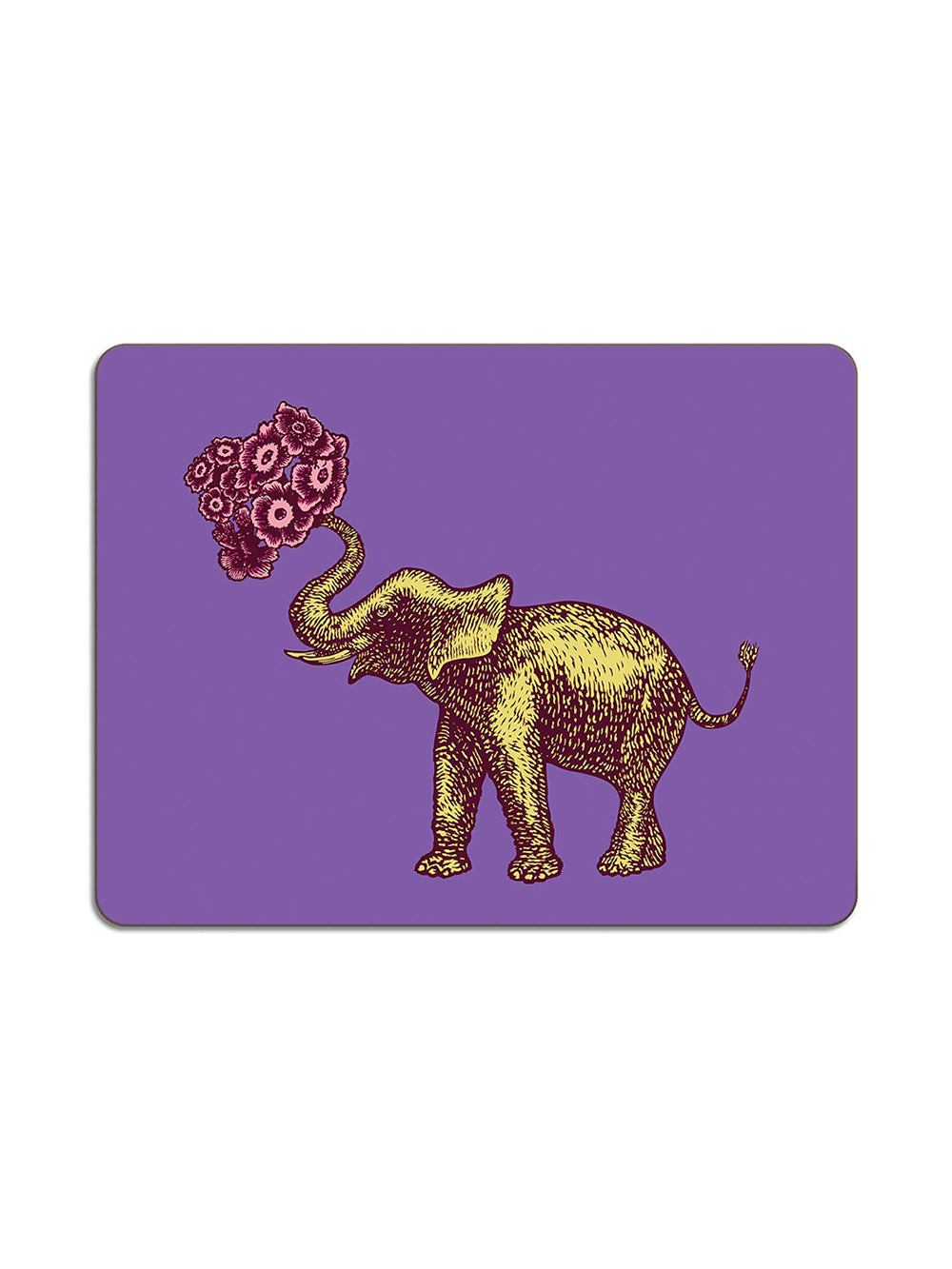 Avenida Puddinhead elephant floral illustrated rectangular placemat on rich jewel purple background decorative animal table mat