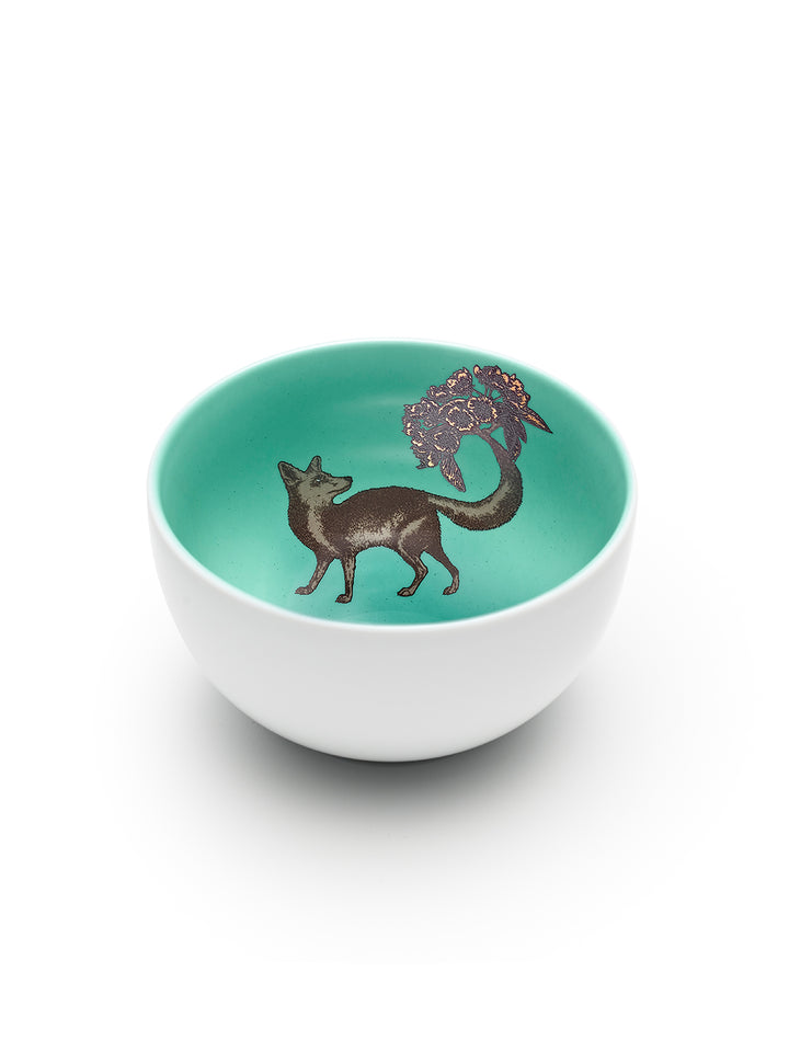 Avenida Home fox porcelain bowl floral illustration deep turquoise Puddinhead Animal Collection