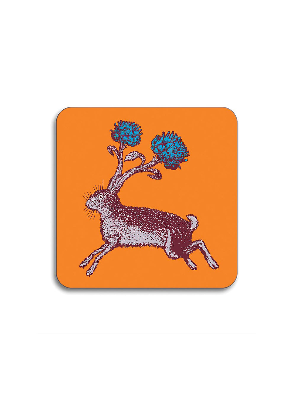 Avenida Puddinhead leaping hare floral illustrated coaster on burnt orange background decorative animal table coaster