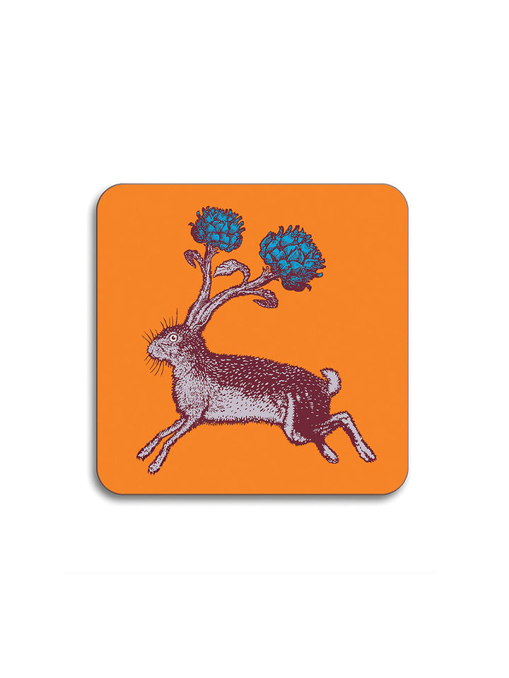 Avenida Puddinhead leaping hare floral illustrated coaster on burnt orange background decorative animal table coaster