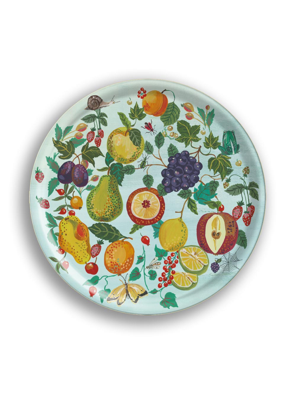 Jardin Gourmand Green Round Birchwood Tray from Avenida Home with artwork by Nathalie Lété 