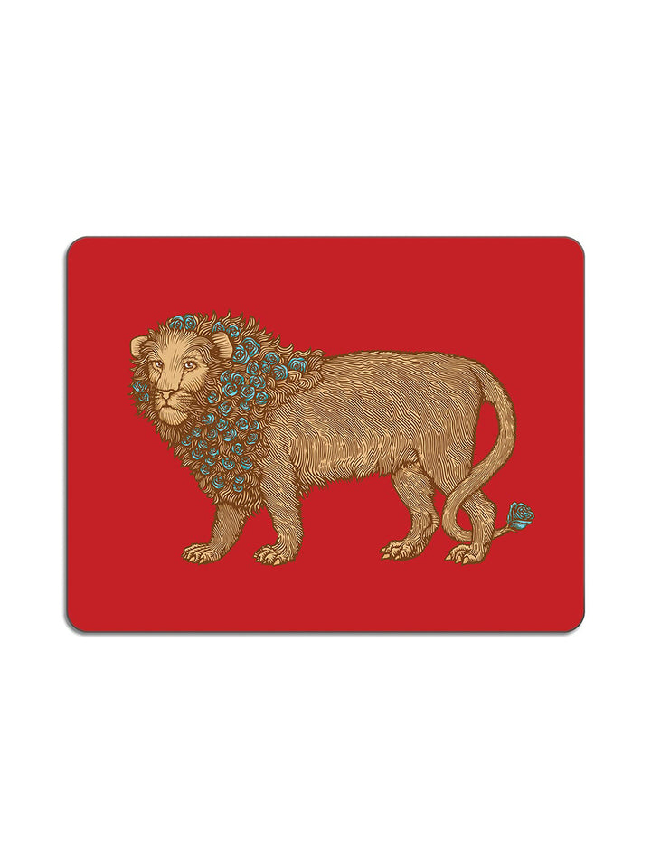 Avenida Puddinhead lion floral illustrated rectangular placemat on bold ruby red background decorative animal table mat