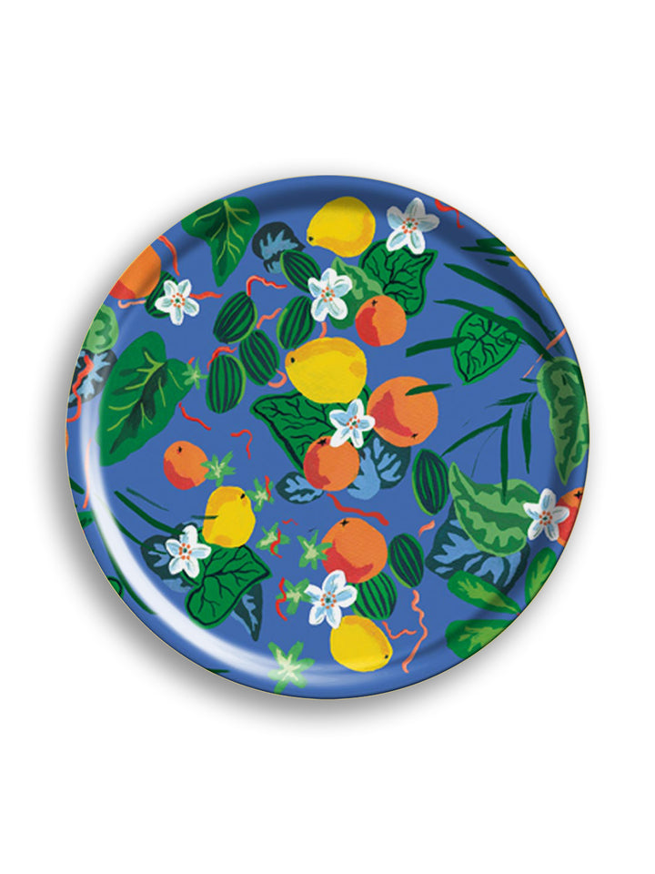 Oranges and Lemons Large Round Birchwood Tray from Avenida Home with artwork by Danielle Kroll 