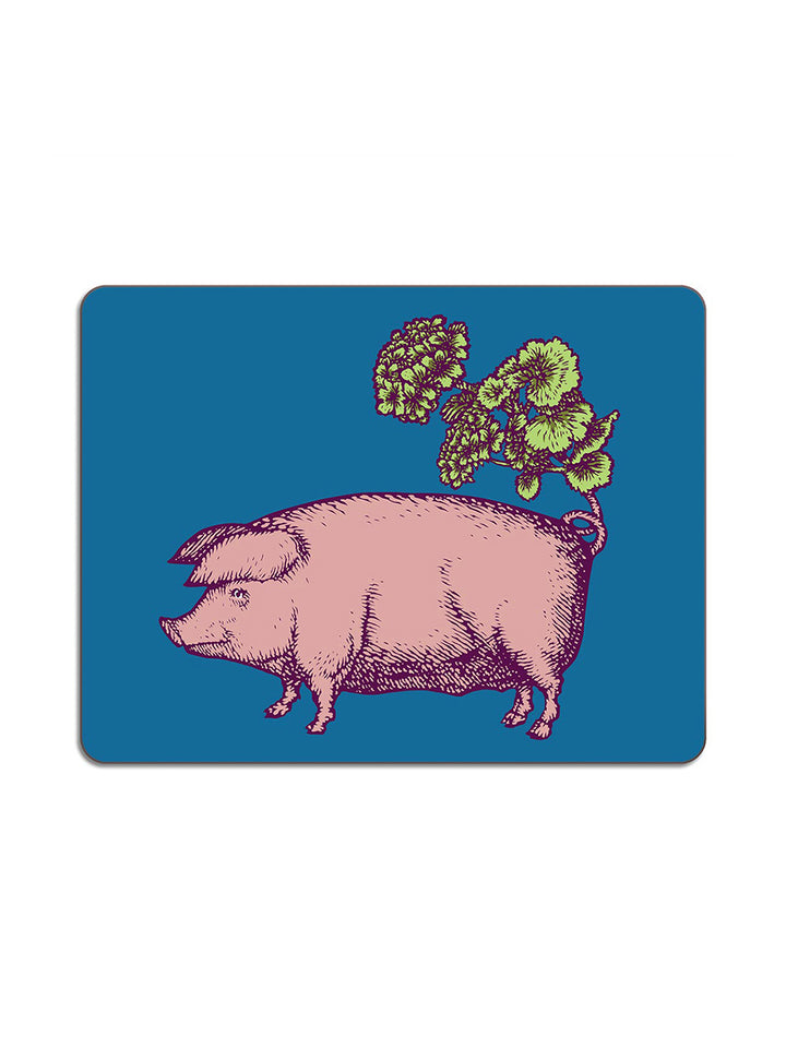 Avenida Puddinhead pig floral illustrated rectangular placemat on bright cobalt blue background decorative animal table mat