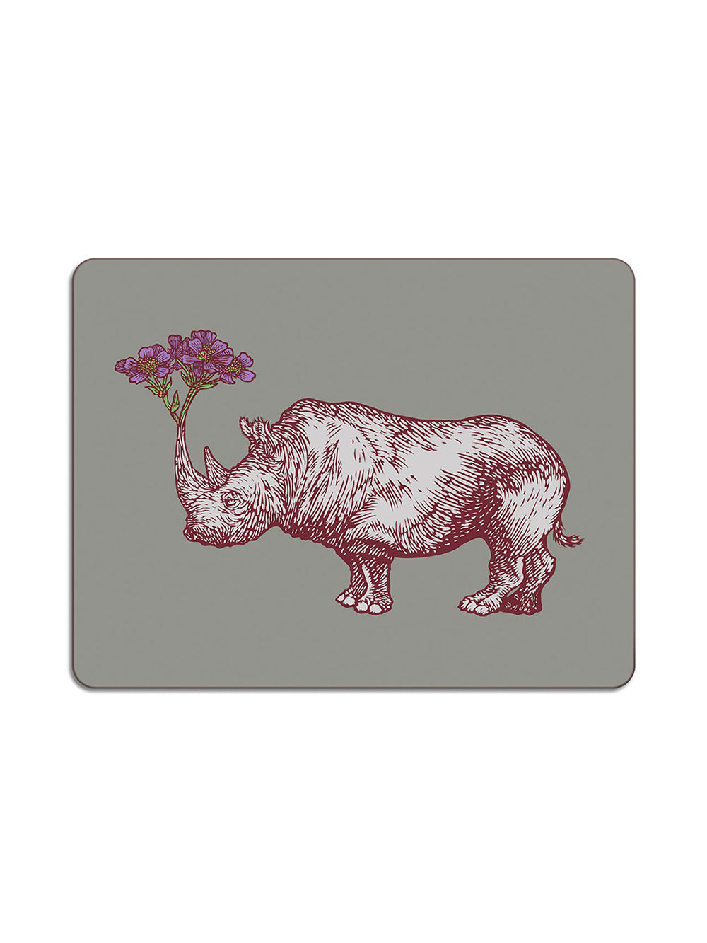 Avenida Puddinhead rhino floral illustrated rectangular placemat on stone grey background decorative animal table mat