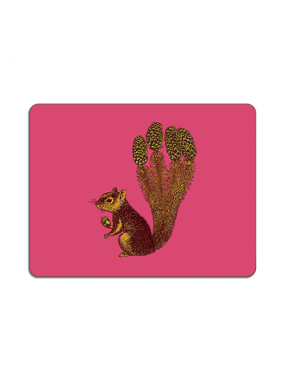 Avenida Puddinhead squirrel floral illustrated rectangular placemat on raspberry pink background decorative animal table mat