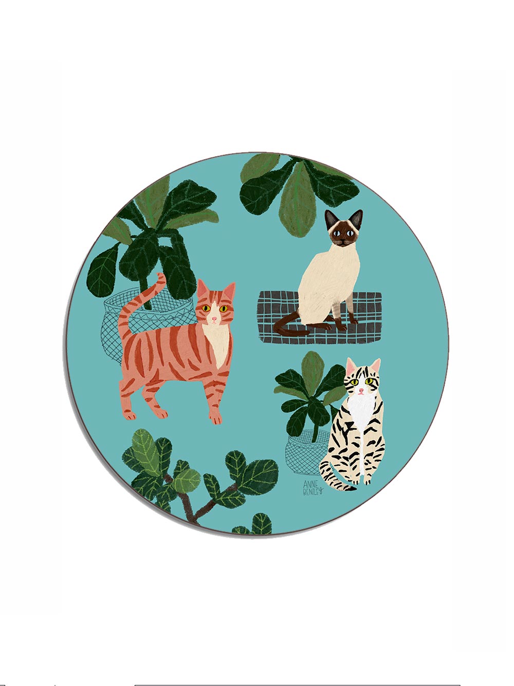 Cats Teal Round Placemat by Avenida Home featuring an illustrated cat design